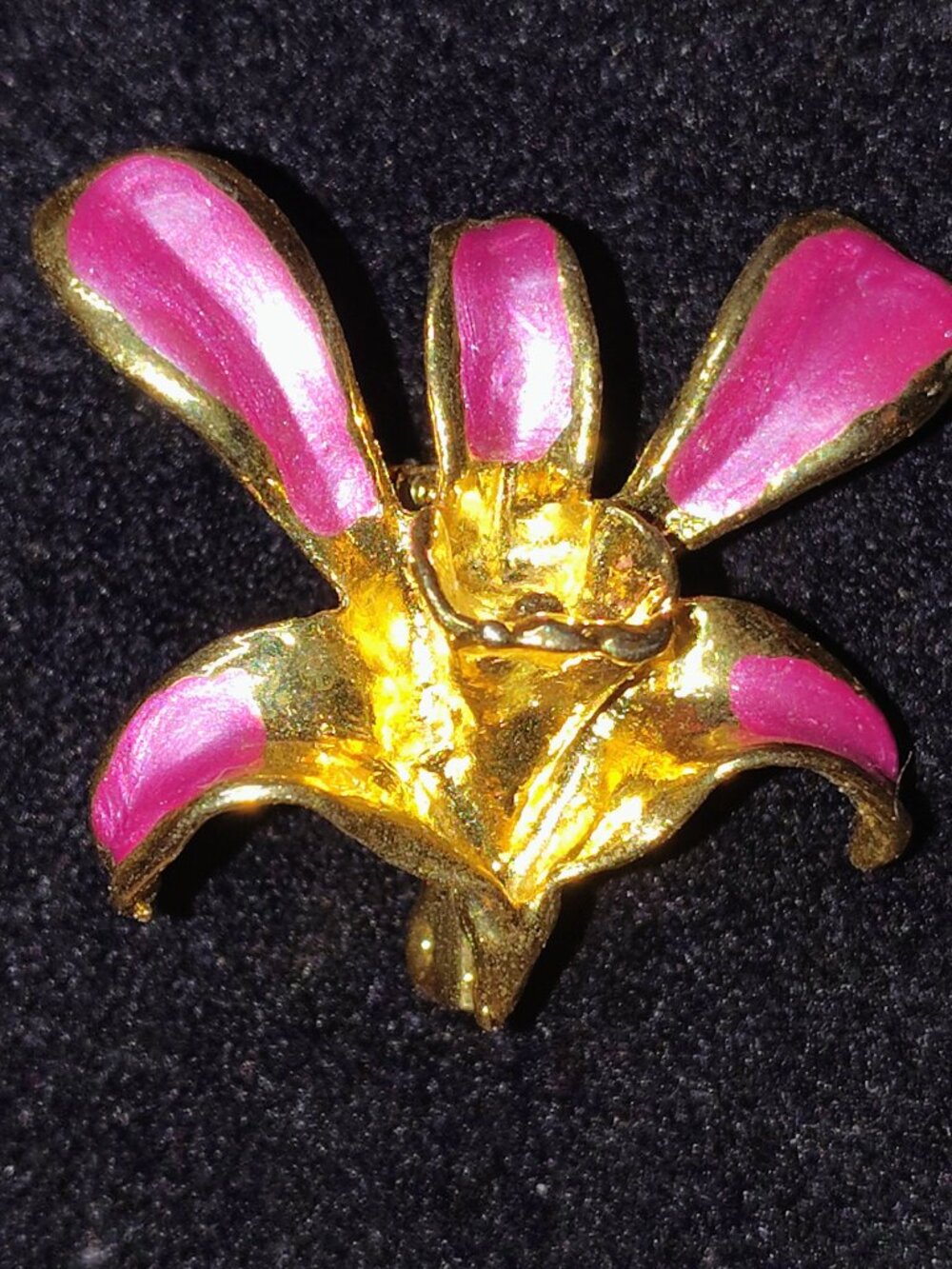 Vintage Gold‑Tone Orchid Flower Brooch Pendant – Pink Enamel – 1980s
